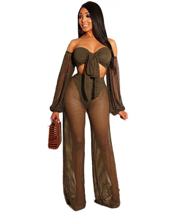 Women's Cover Ups Beach Outfits Beachwear Crop Tops See Through Off Shoulder Hollow Out Design Wide Leg Pants Set - Armygreen...