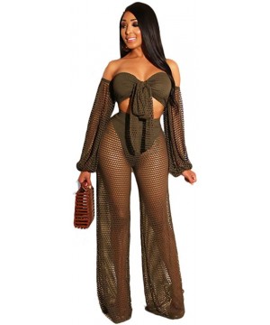 Women's Cover Ups Beach Outfits Beachwear Crop Tops See Through Off Shoulder Hollow Out Design Wide Leg Pants Set - Armygreen...