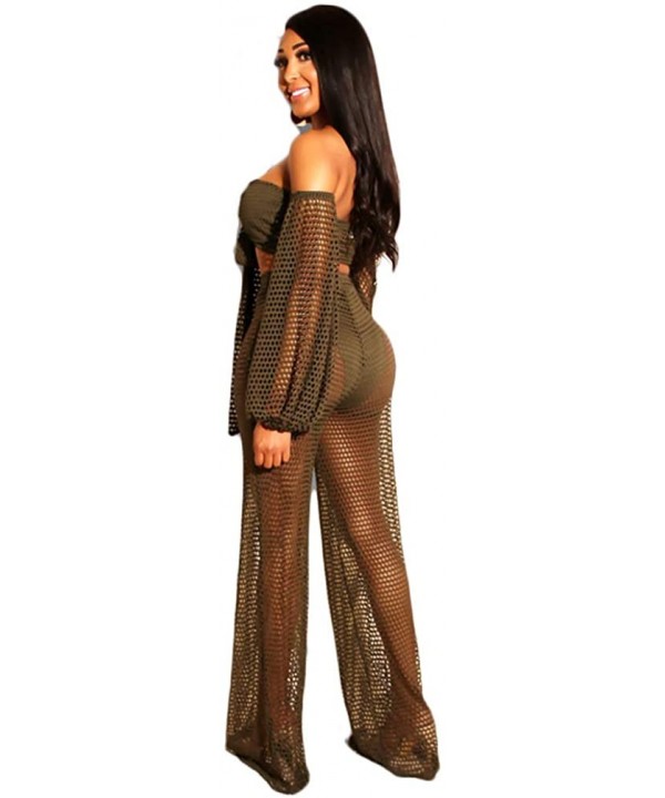 Women's Cover Ups Beach Outfits Beachwear Crop Tops See Through Off Shoulder Hollow Out Design Wide Leg Pants Set - Armygreen...