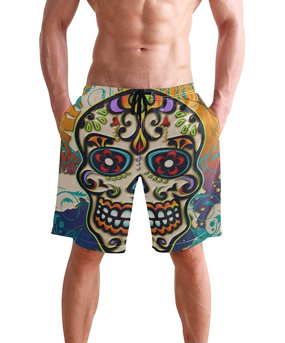 Mens Swim Trunks-Mexican Sugar Skull Aztec Tribal Beach Board Shorts with Pockets Casual Athletic Short - Picture4 - CN18T0A4...