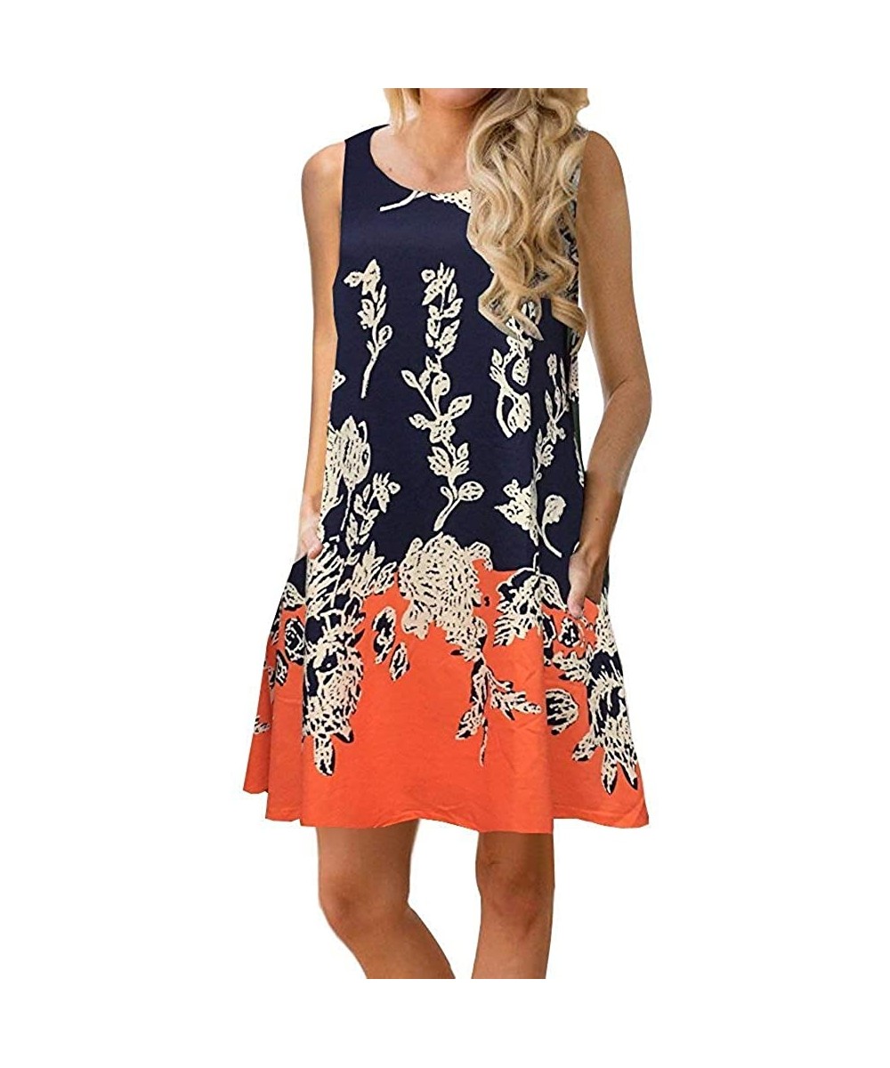 Women's Summer Casual Sleeveless Floral Printed Loose Beach Cover up Swing Dress Sundress with Pockets - Orange - CG18RE5L8NO...