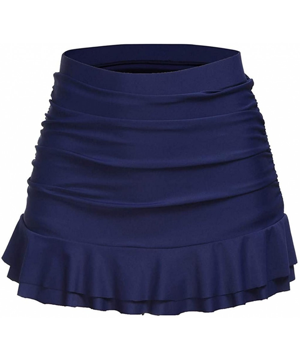 Skirted Bikini Bottom High Waisted Shirred Ruffle Ruched Swimsuit Mini Swim Skirt - Navy - CK194CXSUZD $15.54-Bottoms