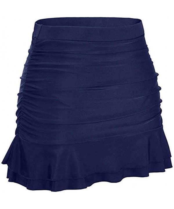 Skirted Bikini Bottom High Waisted Shirred Ruffle Ruched Swimsuit Mini Swim Skirt - Navy - CK194CXSUZD $15.54-Bottoms