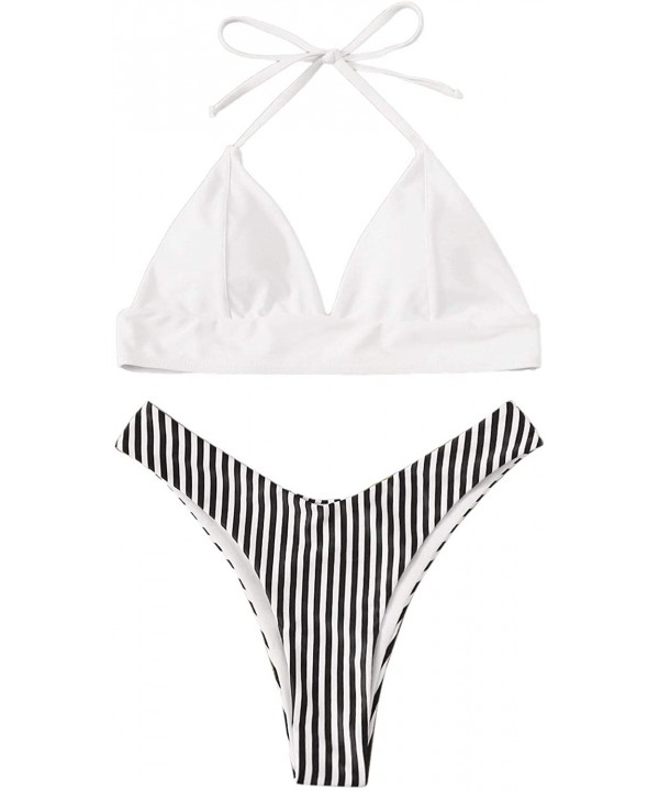 Women's Sexy Bathing Suit Halter Print Bikini Set High Cut Swimsuits - Stripe - CV195TZWC5T $17.32-Sets