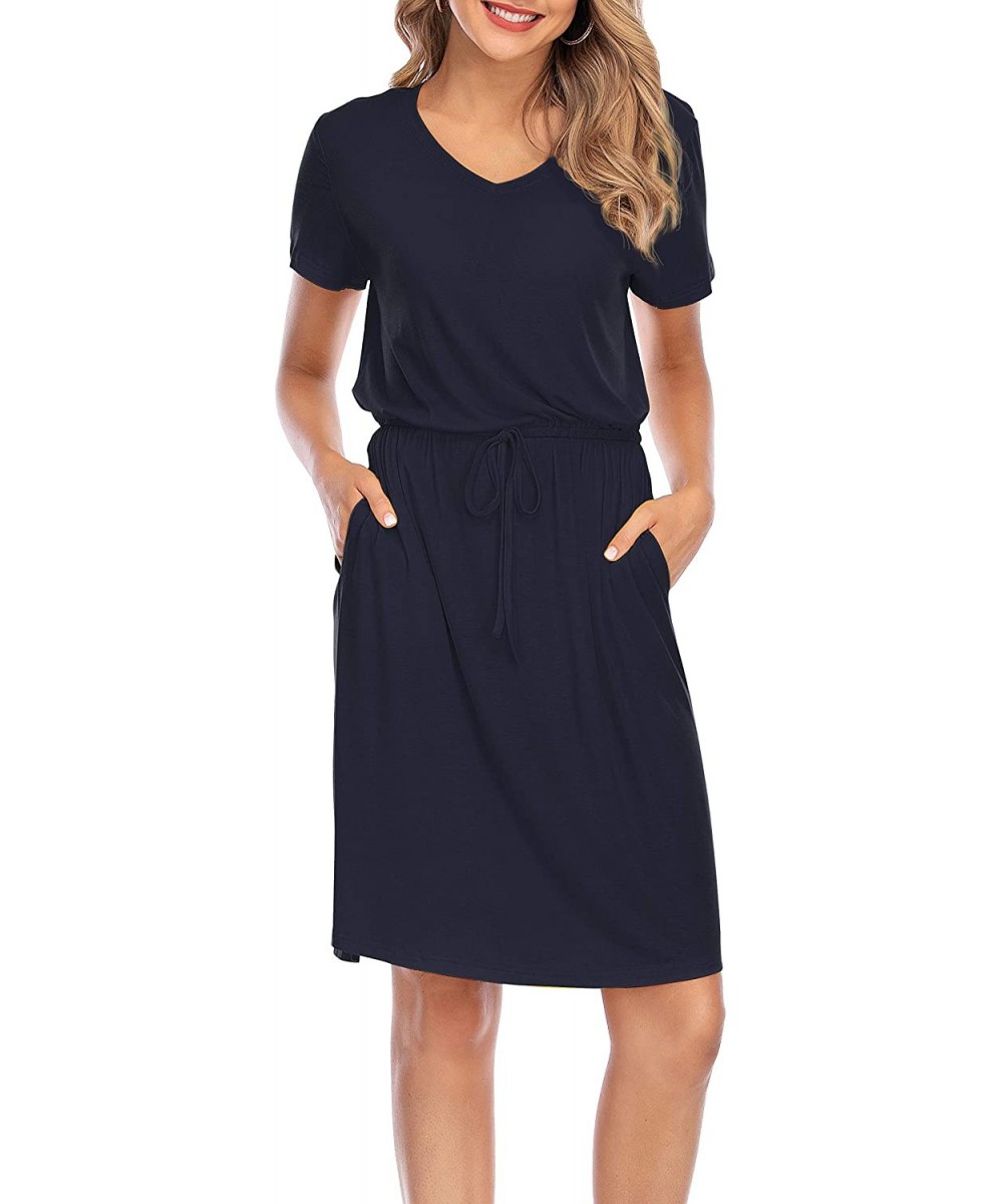 Women Tie Waist V Neck Knee Length Short Sleeve Modest Plain Summer Casual Midi Dress with Pockets Blue Midi Dresses - CH190O...