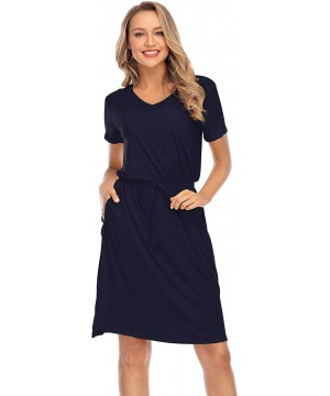 Women Tie Waist V Neck Knee Length Short Sleeve Modest Plain Summer Casual Midi Dress with Pockets Blue Midi Dresses - CH190O...