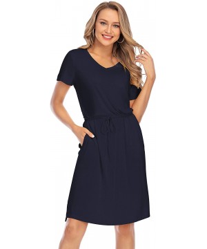 Women Tie Waist V Neck Knee Length Short Sleeve Modest Plain Summer Casual Midi Dress with Pockets Blue Midi Dresses - CH190O...