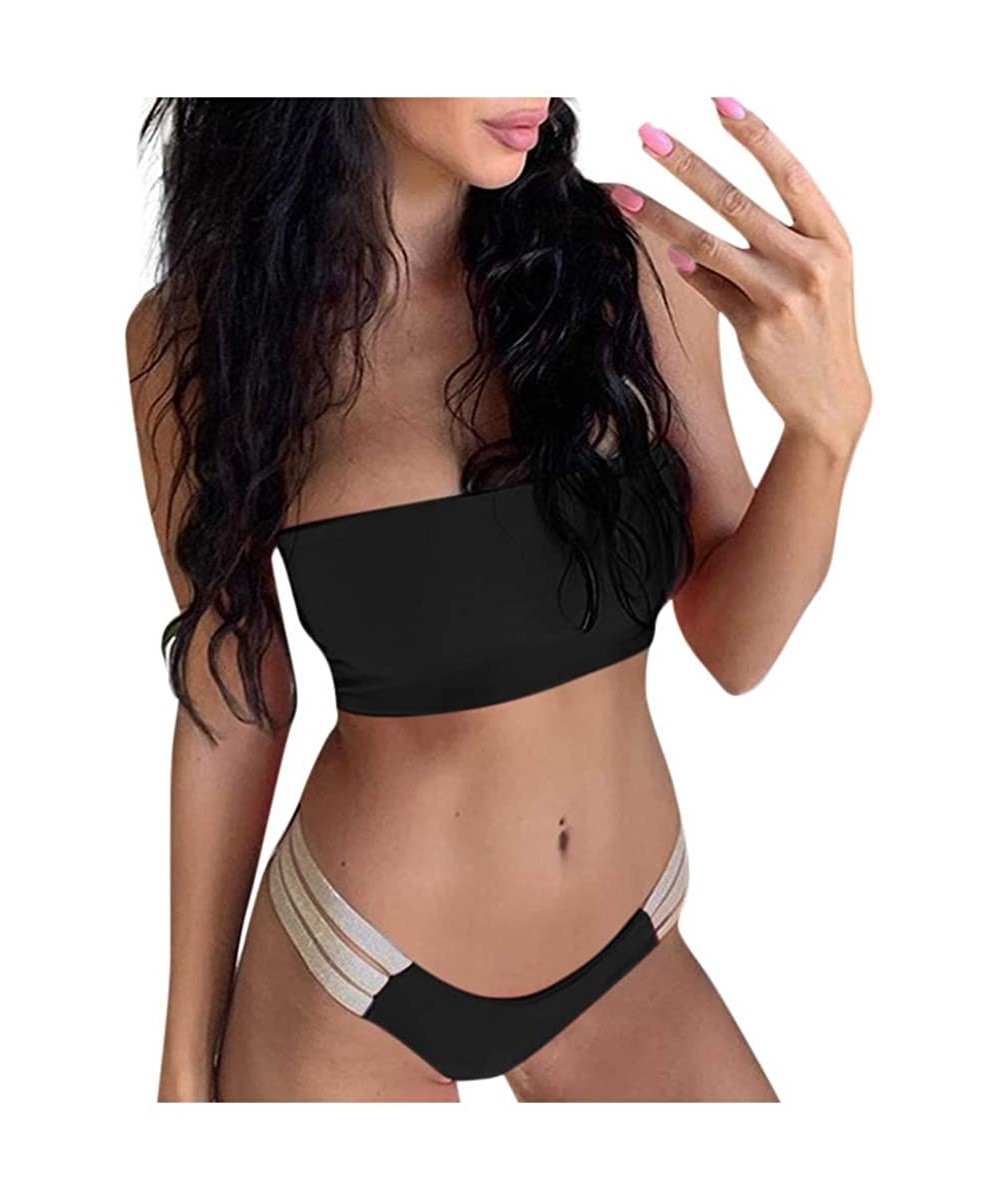 Swimsuits for Women High Waisted-Stripes 2 Pieces Bandeau Bikini Off Shoulder Bathing Suit High Cut - Z1-black - CJ199GQLKA3 ...