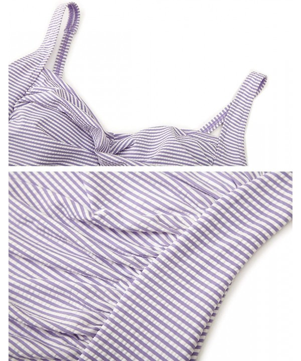 Women's one-Piece Swimsuit- Sexy Backless Striped Print Pleated Belly Bikini one-Piece Swimsuit - Purple Stripe - CB18T4EHX20...