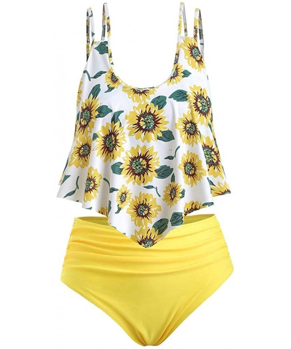 Tankinis for Women Swimsuits Two Piece Plus Size Sexy Backless Halter Floral High Waisted Sunflower Print Swim Suits - K Whit...