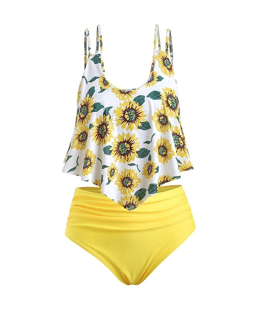 Tankinis for Women Swimsuits Two Piece Plus Size Sexy Backless Halter Floral High Waisted Sunflower Print Swim Suits - K Whit...