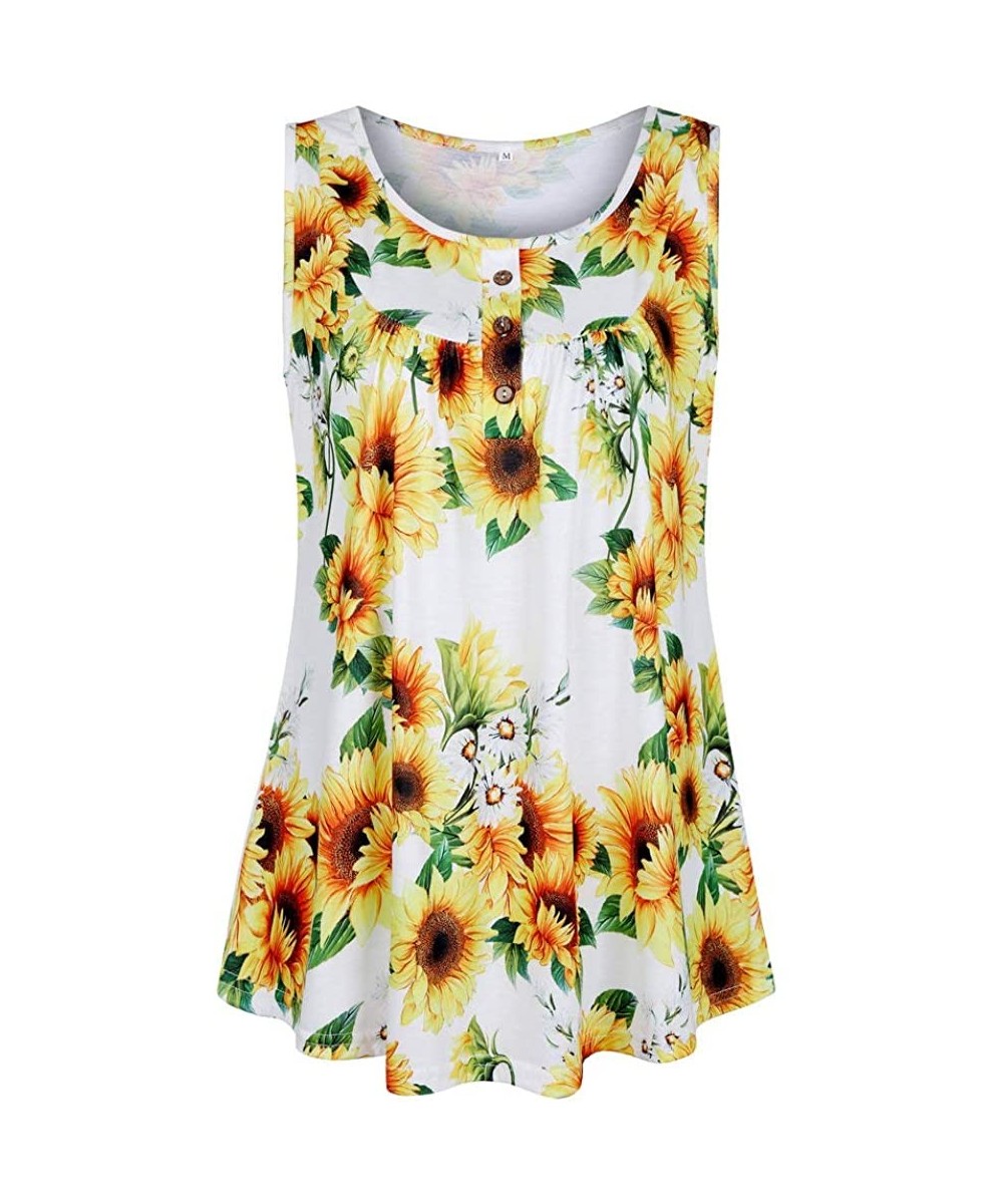 Women's V-Neck Short Sleeve Floral Printed Tops Blouse Gauffer Button Loose Tunic Shirt - Sunflower - CH19CH246NN $18.38-Cove...