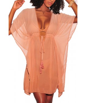 Women's V Neck Drawstring Tassel Kimono Chiffon Swimwear Beach Cover Up Dress - Nude Pink - CF18T73I5T3 $22.18-Cover-Ups