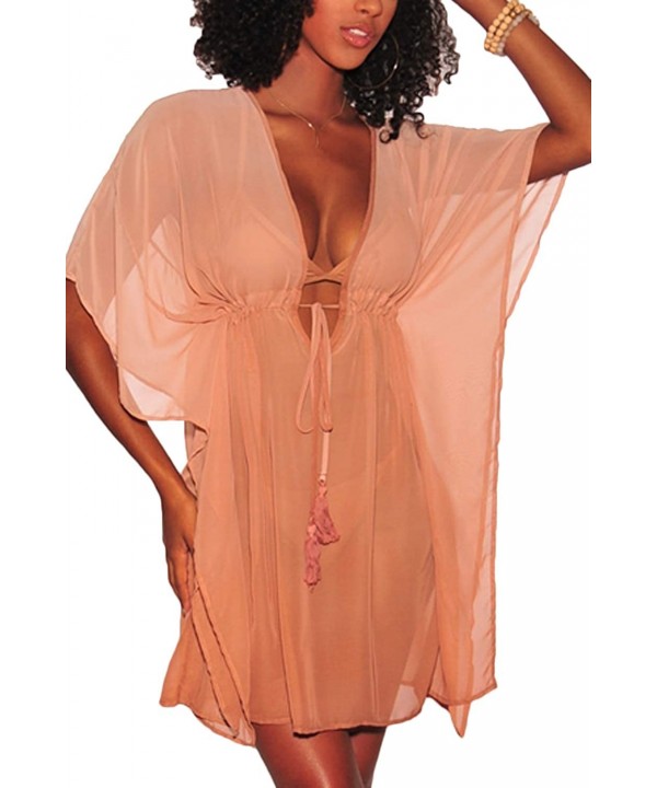 Women's V Neck Drawstring Tassel Kimono Chiffon Swimwear Beach Cover Up Dress - Nude Pink - CF18T73I5T3 $22.18-Cover-Ups