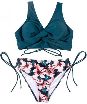 Women Wrap Lace Up Bikini Twist Push Up Swimsuit 2 Piece Bikinis - 90 Blue Floral - CK190DI723W $26.17-Sets