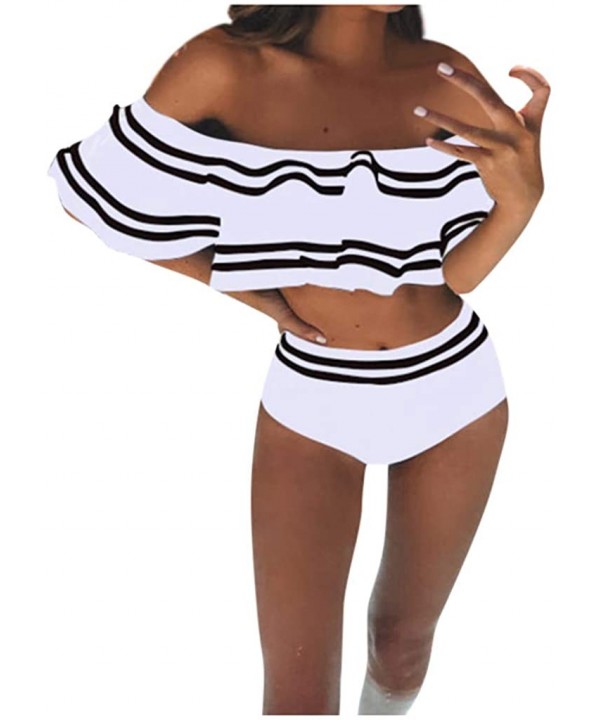 Women Two Piece Swimsuit High Waisted Off Shoulder Ruffled Bikini Set Bathing Suits Swimwear - White - CK196DDSGIO $11.77-Sets