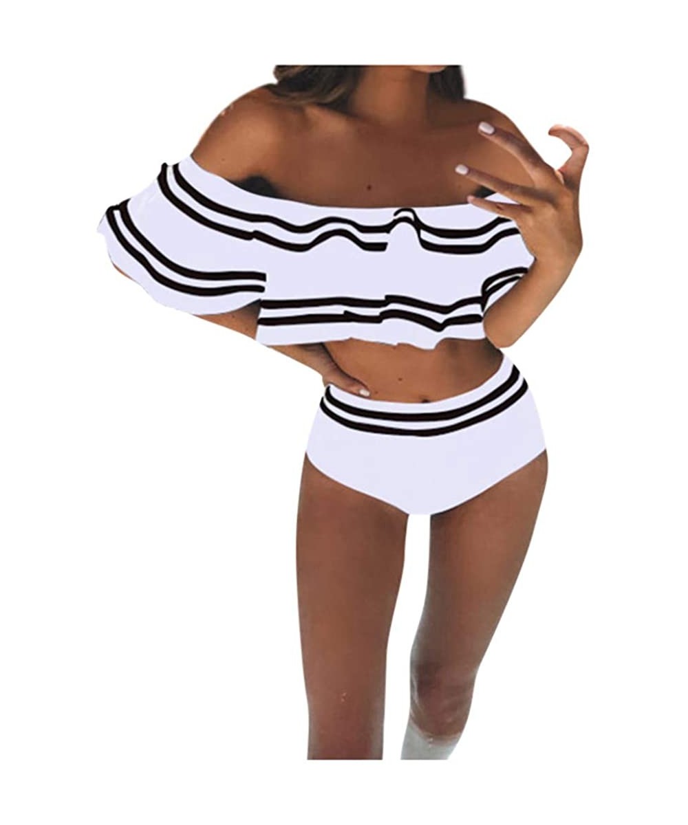 Women Two Piece Swimsuit High Waisted Off Shoulder Ruffled Bikini Set Bathing Suits Swimwear - White - CK196DDSGIO $11.77-Sets