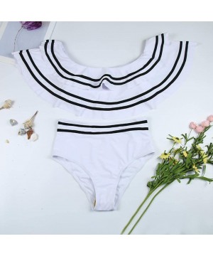 Women Two Piece Swimsuit High Waisted Off Shoulder Ruffled Bikini Set Bathing Suits Swimwear - White - CK196DDSGIO $11.77-Sets