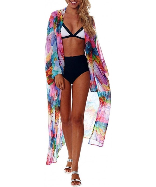 Kimonos for Women with Bohemian Print Chiffon Lace Beach Swimsuit Cover Up - Feather Colorful - CD18UU7I7CG $20.36-Cover-Ups