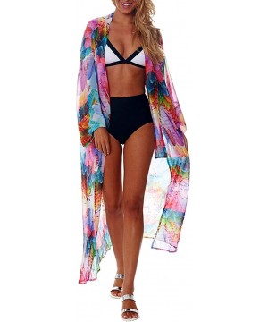 Kimonos for Women with Bohemian Print Chiffon Lace Beach Swimsuit Cover Up - Feather Colorful - CD18UU7I7CG $20.36-Cover-Ups