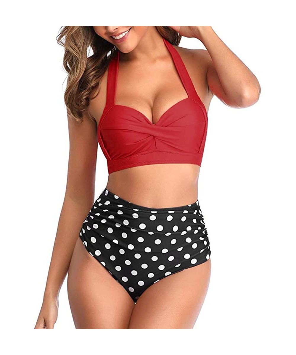 Women Vintage Swimsuit Two Piece Retro Halter Ruched High Waist Print Bikini Set - Red - C7193G7XC4G $15.14-Sets