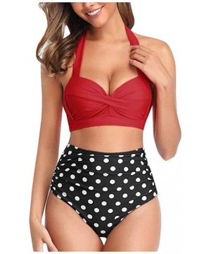 Women Vintage Swimsuit Two Piece Retro Halter Ruched High Waist Print Bikini Set - Red - C7193G7XC4G $15.14-Sets