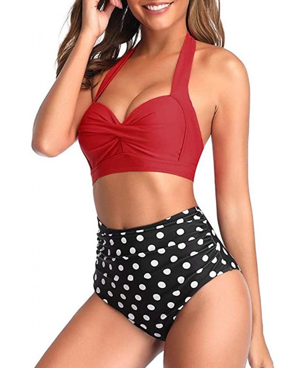 Women Vintage Swimsuit Two Piece Retro Halter Ruched High Waist Print Bikini Set - Red - C7193G7XC4G $15.14-Sets