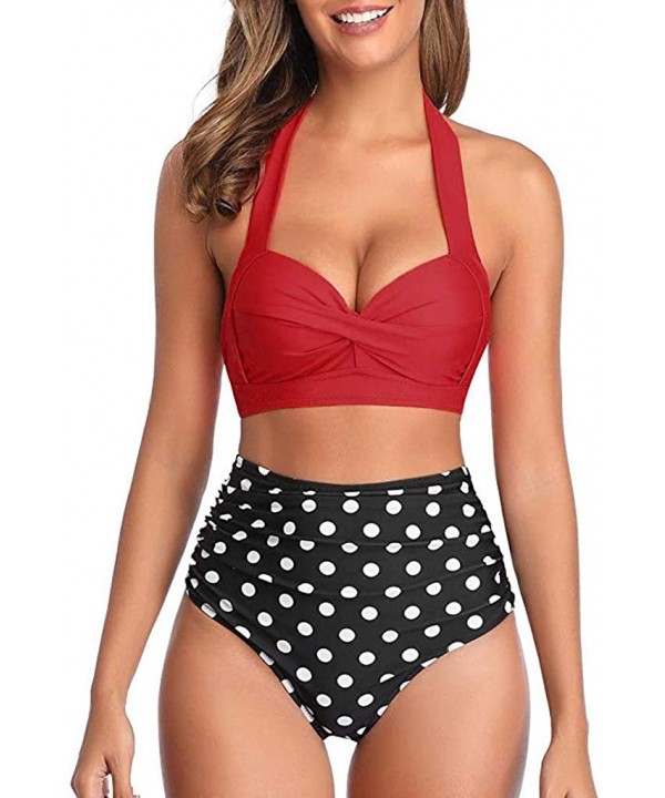 Women Vintage Swimsuit Two Piece Retro Halter Ruched High Waist Print Bikini Set - Red - C7193G7XC4G $15.14-Sets