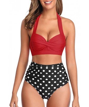 Women Vintage Swimsuit Two Piece Retro Halter Ruched High Waist Print Bikini Set - Red - C7193G7XC4G $15.14-Sets