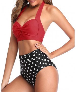 Women Vintage Swimsuit Two Piece Retro Halter Ruched High Waist Print Bikini Set - Red - C7193G7XC4G $15.14-Sets