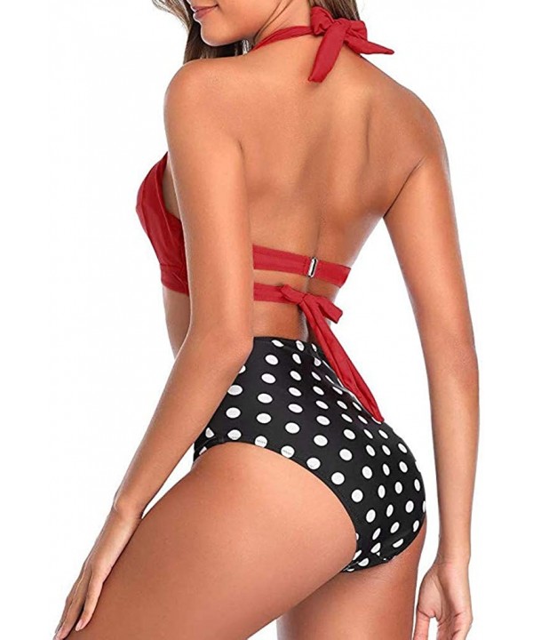 Women Vintage Swimsuit Two Piece Retro Halter Ruched High Waist Print Bikini Set - Red - C7193G7XC4G $15.14-Sets