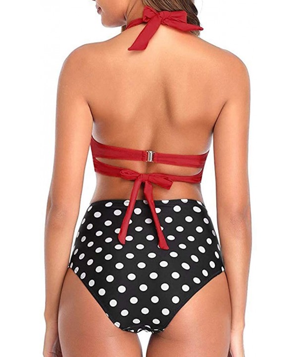 Women Vintage Swimsuit Two Piece Retro Halter Ruched High Waist Print Bikini Set - Red - C7193G7XC4G $15.14-Sets