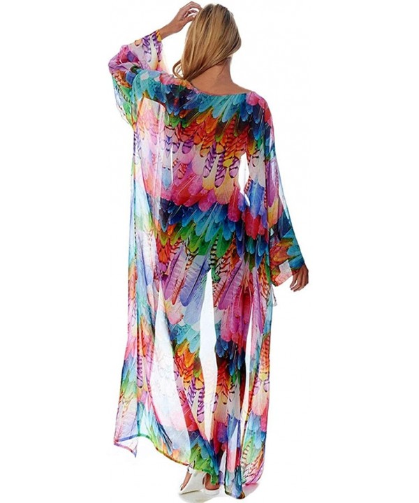 Kimonos for Women with Bohemian Print Chiffon Lace Beach Swimsuit Cover Up - Feather Colorful - CD18UU7I7CG $20.36-Cover-Ups