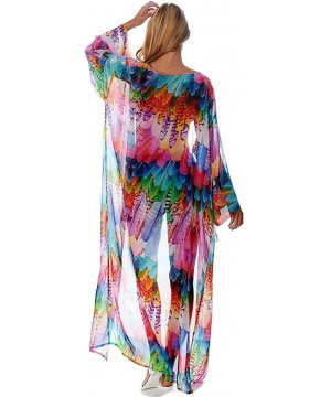 Kimonos for Women with Bohemian Print Chiffon Lace Beach Swimsuit Cover Up - Feather Colorful - CD18UU7I7CG $20.36-Cover-Ups