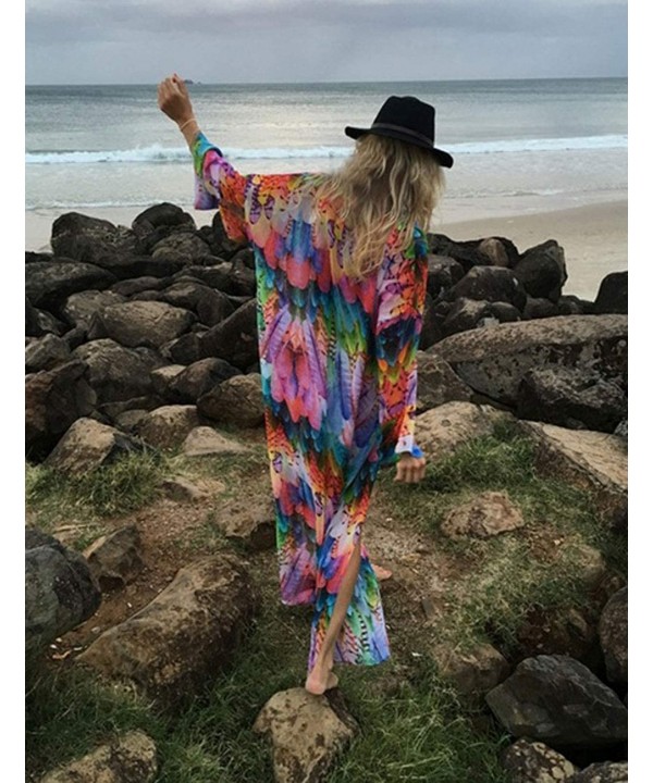 Kimonos for Women with Bohemian Print Chiffon Lace Beach Swimsuit Cover Up - Feather Colorful - CD18UU7I7CG $20.36-Cover-Ups