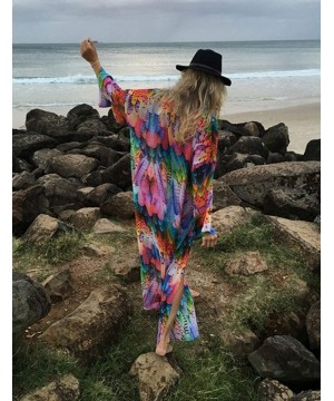 Kimonos for Women with Bohemian Print Chiffon Lace Beach Swimsuit Cover Up - Feather Colorful - CD18UU7I7CG $20.36-Cover-Ups