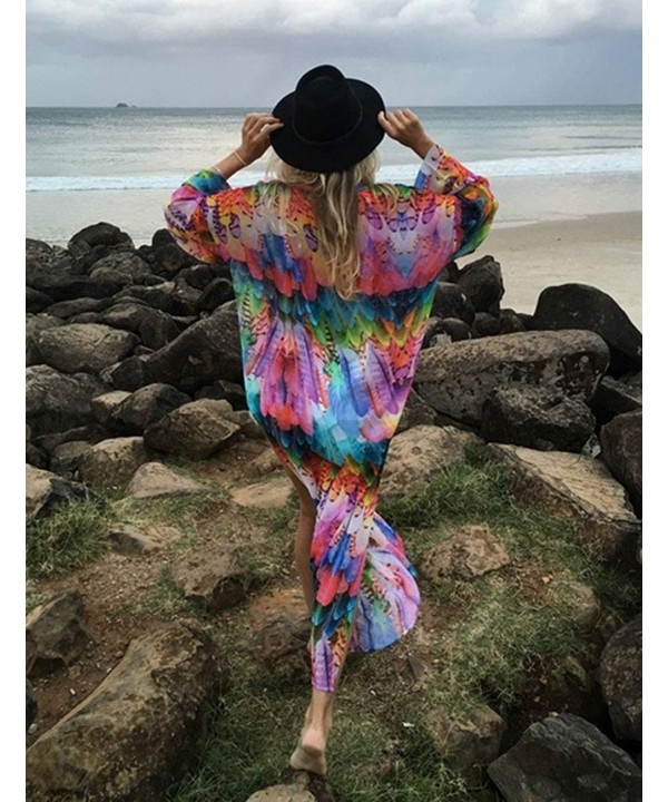 Kimonos for Women with Bohemian Print Chiffon Lace Beach Swimsuit Cover Up - Feather Colorful - CD18UU7I7CG $20.36-Cover-Ups