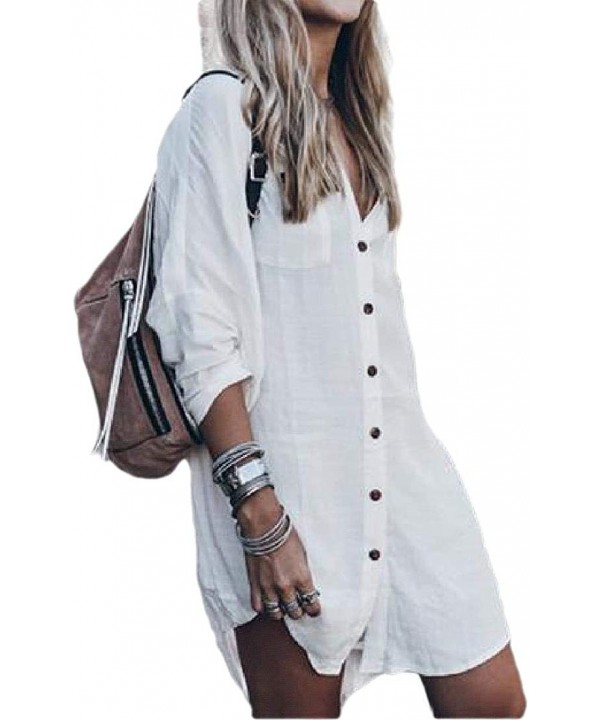 Womens Button Down Beach Cover Up Beach Solid Cotton Long Sleeve Bikini Cover Up Shirt Dress - White - CX19CLWH68Q $19.58-Cov...