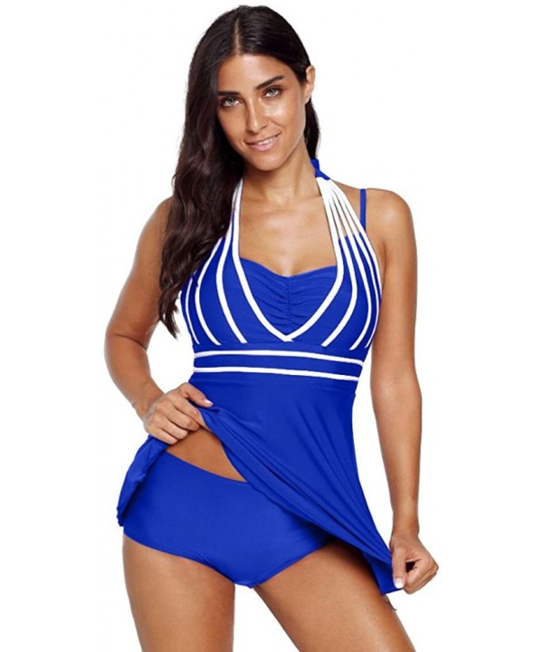 Women Two Piece Swimsuit Tankini Sets Bikini Swimwear with Boy Short Bathing Suits Top Plus Size Beach Sets F Blue - CP18NESS...