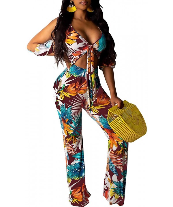 Women's Two Piece Sets Floral Tie Front Short Sleeve Crop Tops Long Pants Jumpsuits - Coffee - CB18WDR5WU5 $27.06-Sets