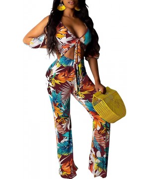 Women's Two Piece Sets Floral Tie Front Short Sleeve Crop Tops Long Pants Jumpsuits - Coffee - CB18WDR5WU5 $27.06-Sets