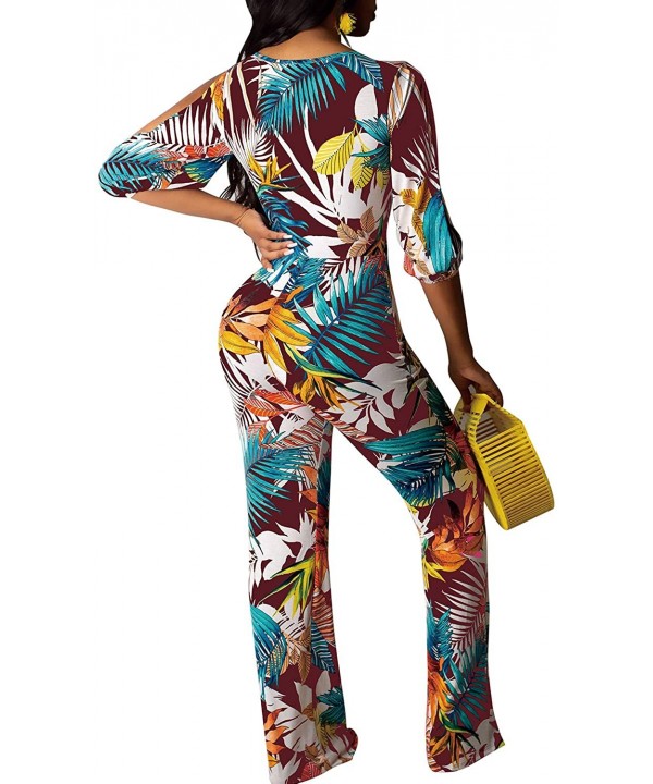 Women's Two Piece Sets Floral Tie Front Short Sleeve Crop Tops Long Pants Jumpsuits - Coffee - CB18WDR5WU5 $27.06-Sets