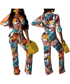 Women's Two Piece Sets Floral Tie Front Short Sleeve Crop Tops Long Pants Jumpsuits - Coffee - CB18WDR5WU5 $27.06-Sets