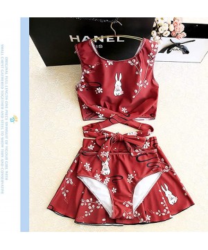 Womens Cute Bunny Print Swimsuit 2PCS Japanese Schoolgirl Bikini Sakura Anime Swimwear - CR18QSY72YD $48.38-Sets