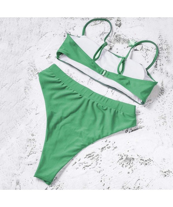 Women Bandeau 2 Piece Set Bikini Set Crop Top Solid Color Strapless Plus Size Swimsuit High Waist Removable Strap Mint - CA18...