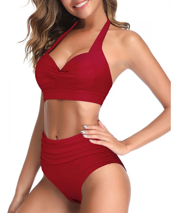 Women Vintage Swimsuit Two Piece Retro Halter Ruched High Waist Bikini - Red-3 - CW198EA6ART $30.23-Sets