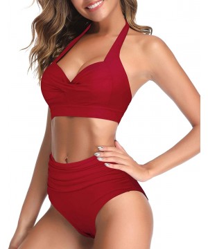 Women Vintage Swimsuit Two Piece Retro Halter Ruched High Waist Bikini - Red-3 - CW198EA6ART $30.23-Sets