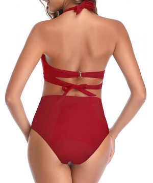 Women Vintage Swimsuit Two Piece Retro Halter Ruched High Waist Bikini - Red-3 - CW198EA6ART $30.23-Sets