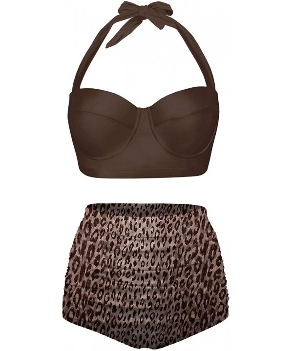 Womens Cute Animal Print Bikini Set High Waisted Beach Swimsuit - Coffee1 - CY196OIAN3S $41.57-Racing