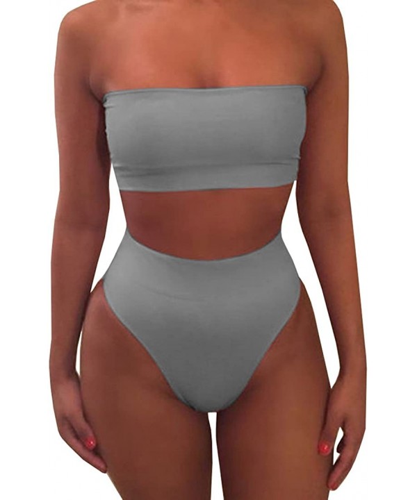 Womens Sexy High Waisted Bikini 2 Piece Bandeau Swimsuit Top Cheeky Bottoms Set - A-grey - CI189SMT9R0 $19.84-Sets